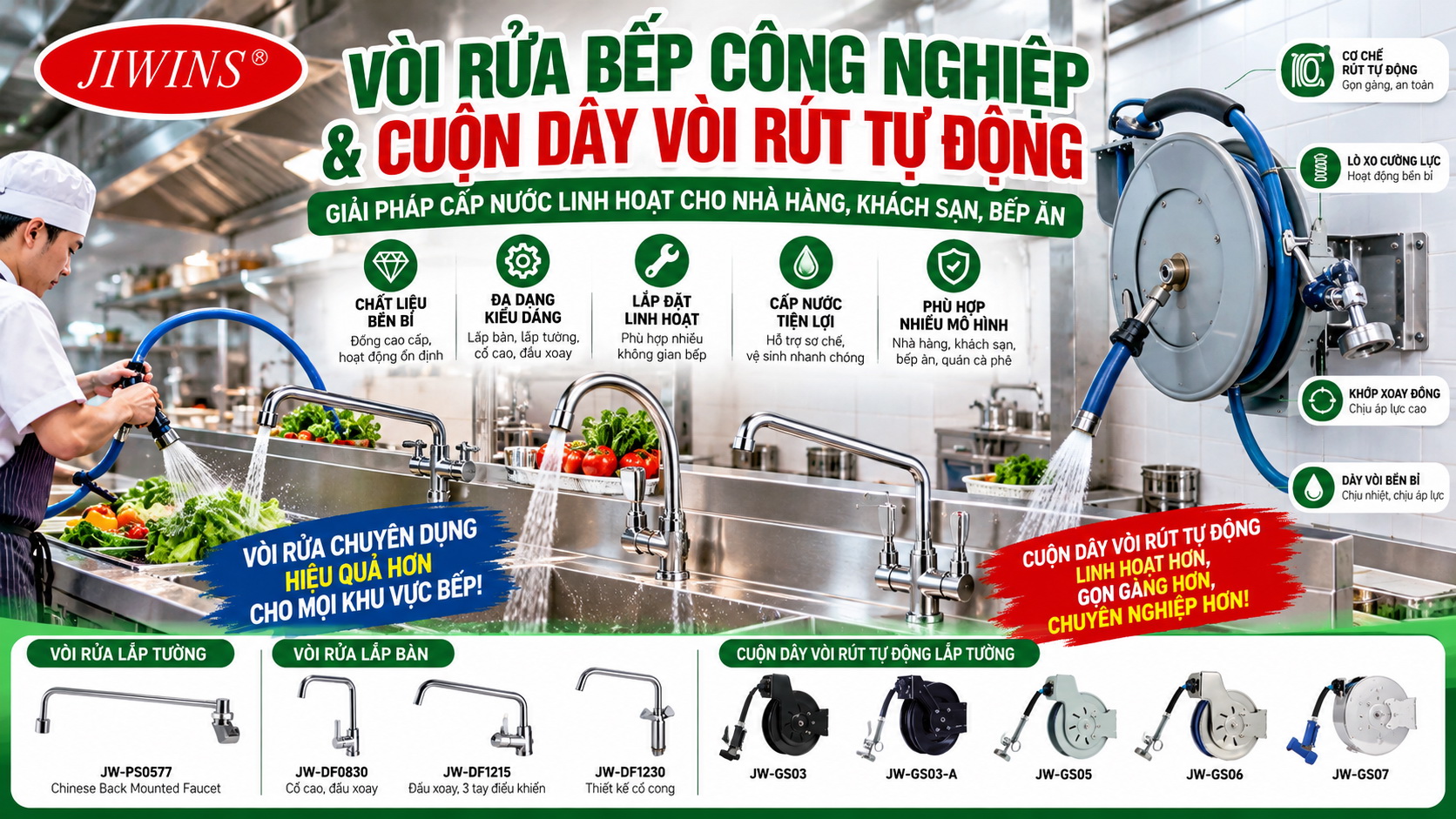 Vòi rửa JIWINS – Hoàn thiện hệ thống cấp nước cho bếp công nghiệp